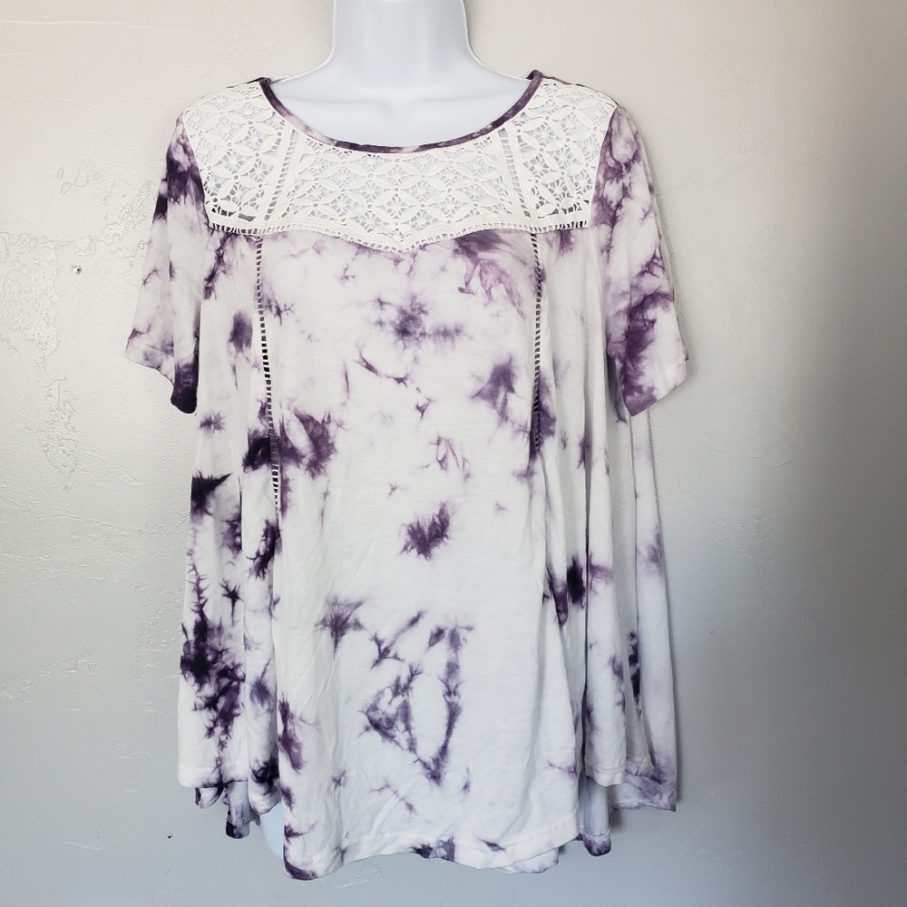 She & Sky White Purple Tie Dye Blouse Short Sleeve Lace Inset Girly Soft